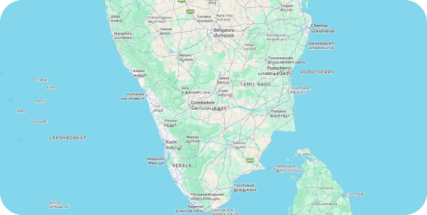 Map of south India showing the Kochi, Trivandrum and Chennai offices