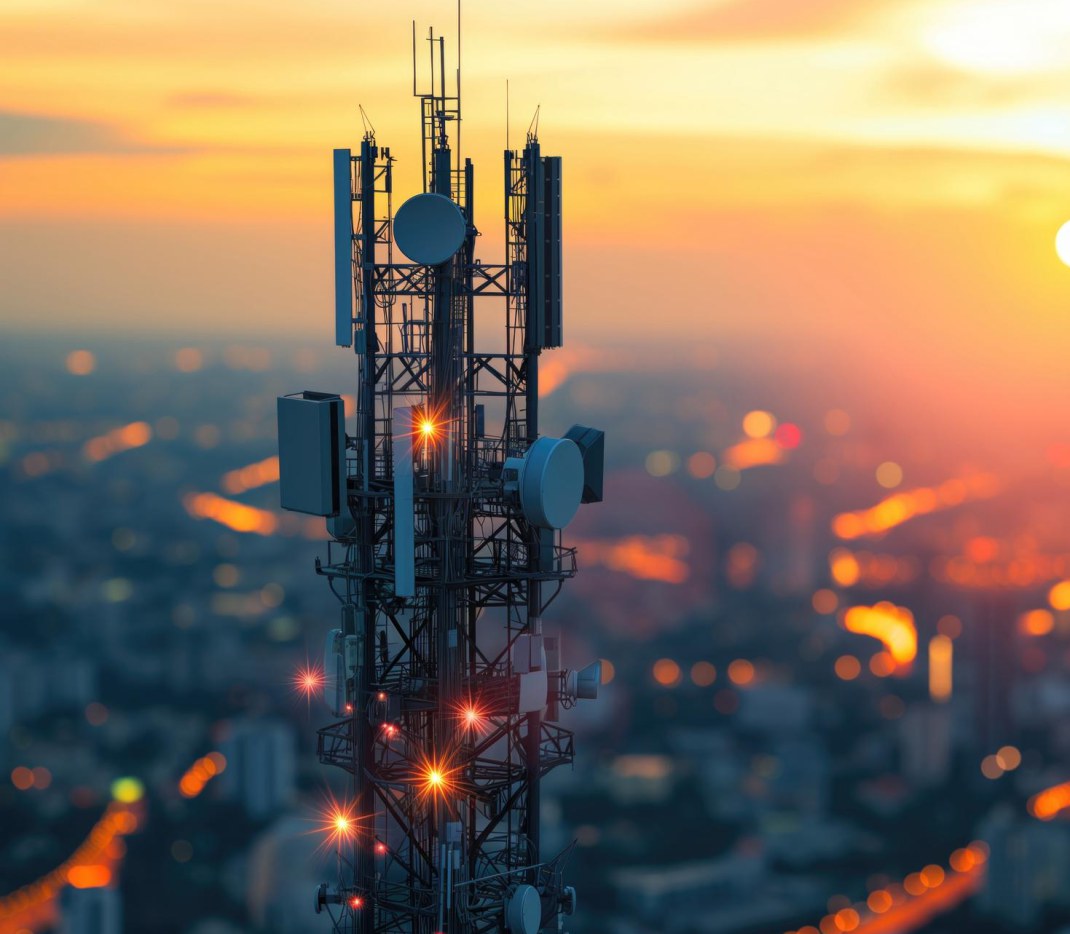A telecom mast above a city skyline at sunset