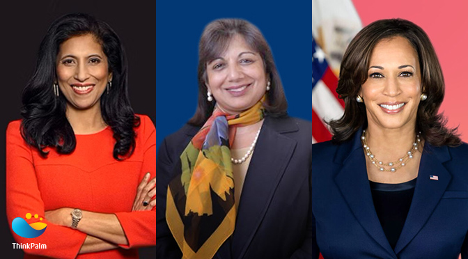 Leena Nair,  Kiran Mazumdar-Shaw,  Kamala Harris 