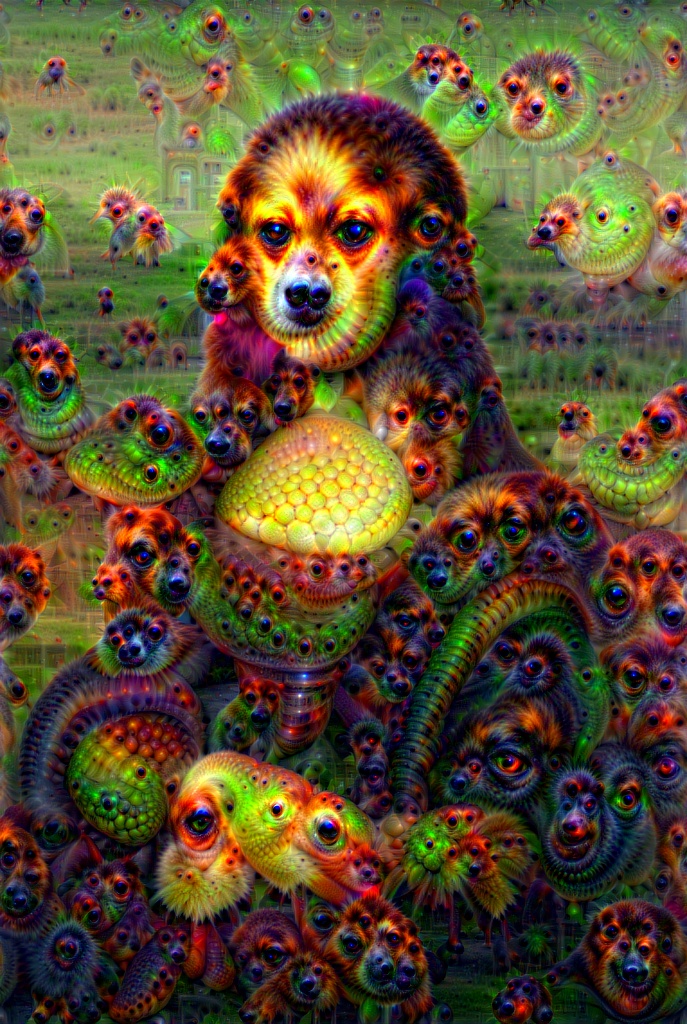 The Mona Lisa with DeepDream effect using VGG16 network trained on ImageNet