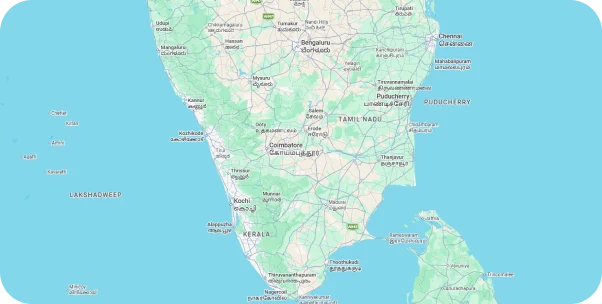 Map of south India showing the Kochi, Trivandrum and Chennai offices