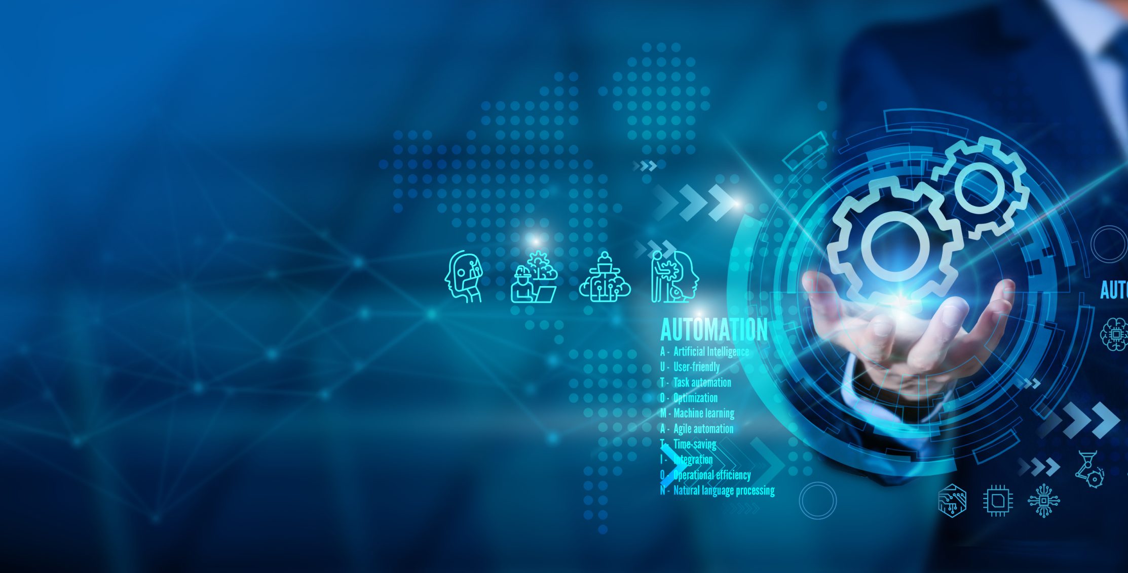 A business leader presenting modern automation tools as glowing interlocking gears